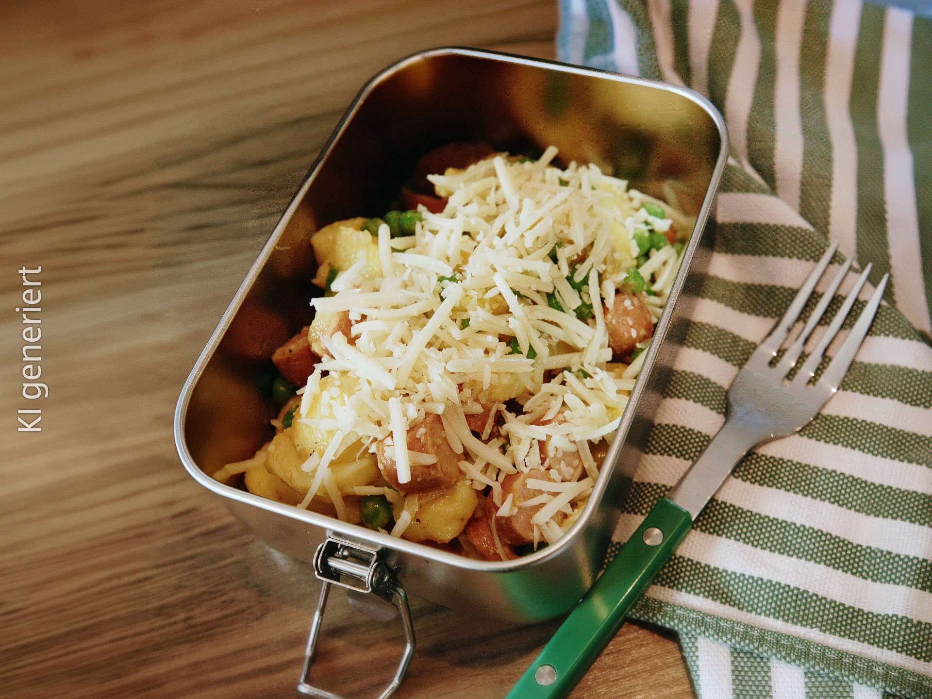 Serviervorschlag: Würstchen-Erbsen-Kartoffel-Pfanne