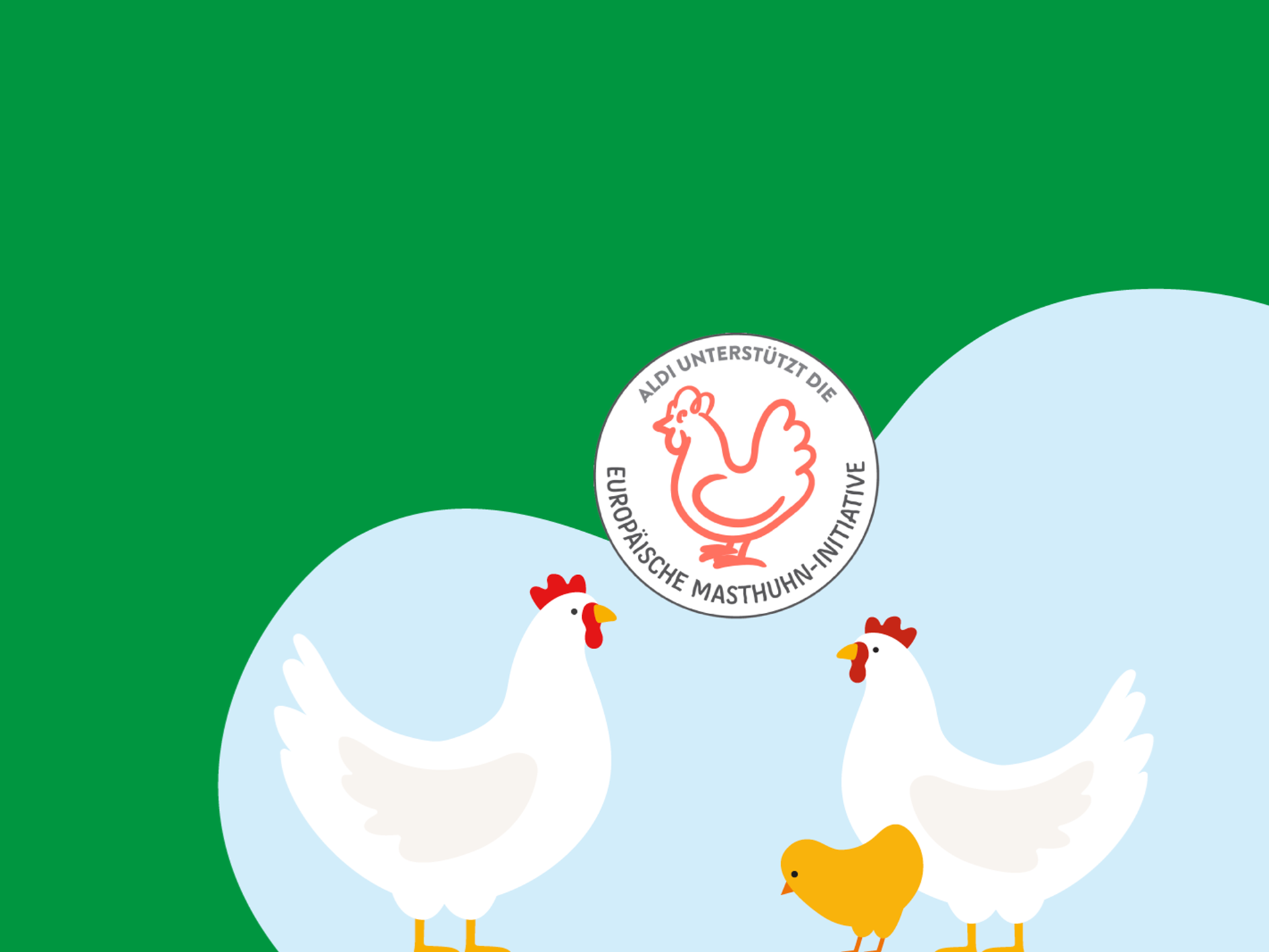 Illustration von 2 Hühnern, einem Küken und einem Badge der Europäischen Masthuhn-Initiative.