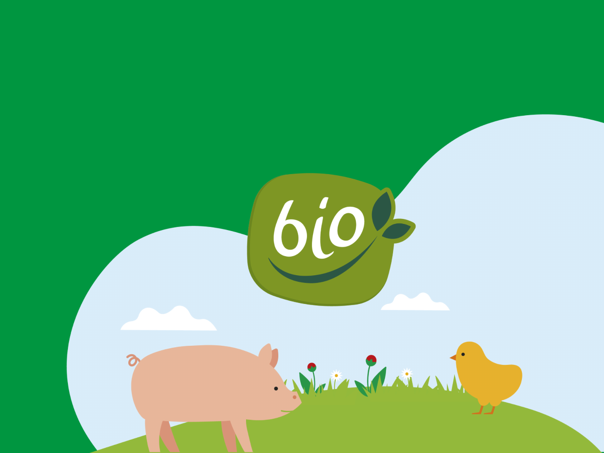 Illustration mit Ferkel und Küken auf grüner Wiese mit Blumen unter blauem Himmel.