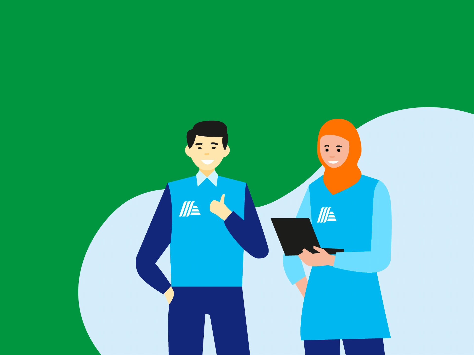 Zwei lächelnde Mitarbeiter in blauer Uniform. Einer zeigt Daumen hoch, die Andere hält einen Laptop.