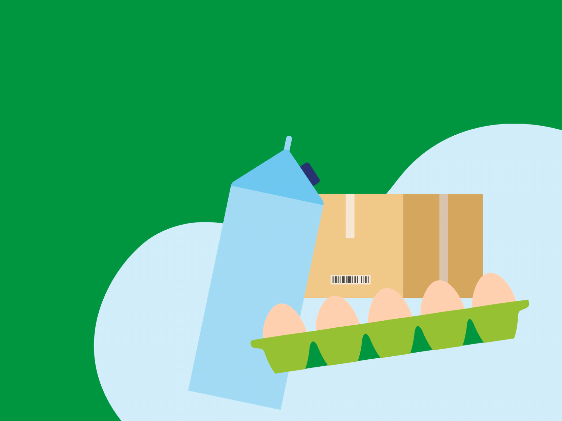 Illustration von verschiedenen Verpackungen: Milch, Eier und Karton.