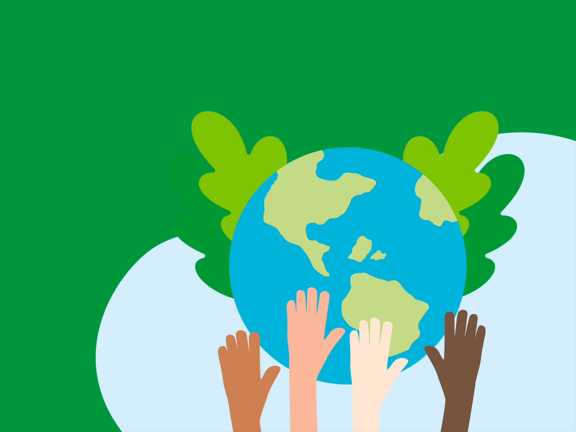 Verschiedenfarbige Hände vor der Weltkugel.