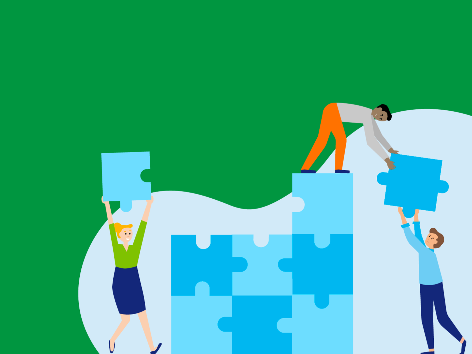 Illustration von drei Personen, die gemeinsam große blaue Puzzleteile zusammenfügen.